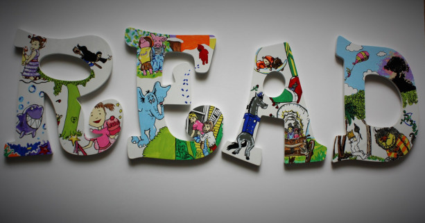 Book Letters -- Hand painted letters depicting a combination of your favorite literary characters in a bright, fun way! Price Per Letter