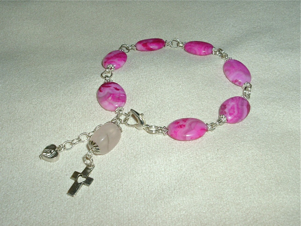 1 Decade Rosary of the 7 Sorrows Bracelet, Pink Agate, Silver