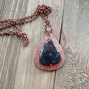 Pendulum Shaped Copper Metal Clay and Bloodstone Pendant