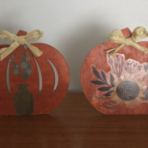 Set of wooden pumpkin, shelf/table sitters.