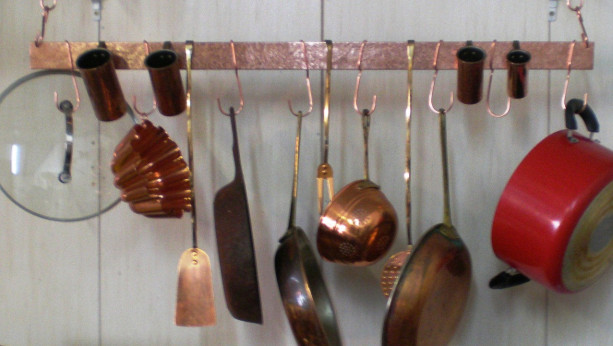 36 in Hanging SOLID COPPER Bar Pot Rack with 8 hooks & 22in chain --- FREE Shipping to U S Zip codes
