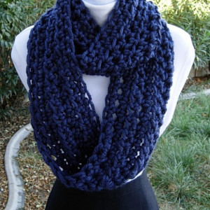 Dark Solid Navy Blue INFINITY SCARF Loop Cowl, Soft Bulky Chunky Acrylic, Thick Crochet Knit Winter Circle Scarf..Ready to Ship in 3 Days