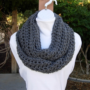 Solid Gray INFINITY SCARF Loop Cowl, Women's Men's Charcoal Grey Extra Soft Crochet Knit Warm Winter Lightweight Eternity Wrap..Ready to Ship in 3 Days