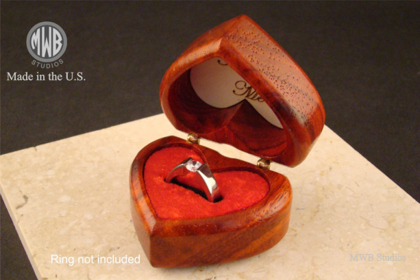 Heart shaped ring box of solid padauk.  Free engraving and shpping.  RB 65