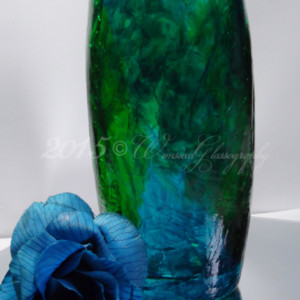 Duo Color Blue Green Crackle Leaded Crystal Glass Hand Stained Vase 
