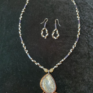 Necklace/Earrings - Lepidolite Gemstone in Glass Beaded Bezel, ID - 312
