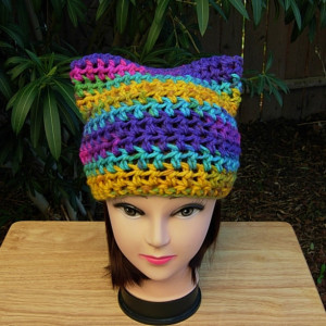 Colorful Rainbow Striped Pussy Cat Hat PussyHat, Soft Acrylic Pink, Purple, Yellow, Blue Crochet Knit Winter Beanie, Nasty Woman, Protest March, Ready to Ship in 2 Days