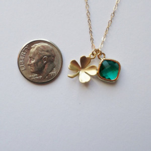 Gold Four Leaf Clover and Emerald Necklace - Clover Necklace - Gold Good Luck Necklace - Cluster Necklace - Valentines Day