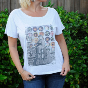 Handmade printed Tee, t-shirt, top with colorful collage antique and cupcakes
