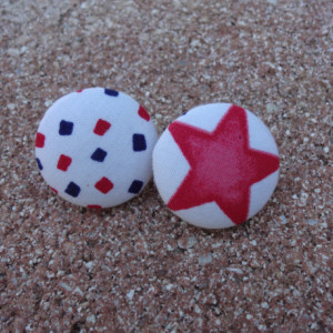 White, Red & Blue Squares, Stud Button Earrings