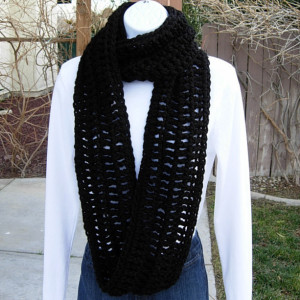 INFINITY SCARF Loop Cowl Solid Black Extra Soft Warm Bulky Crochet Knit Winter Circle Ring Eternity 100% Acrylic..Ready to Ship in 3 Days