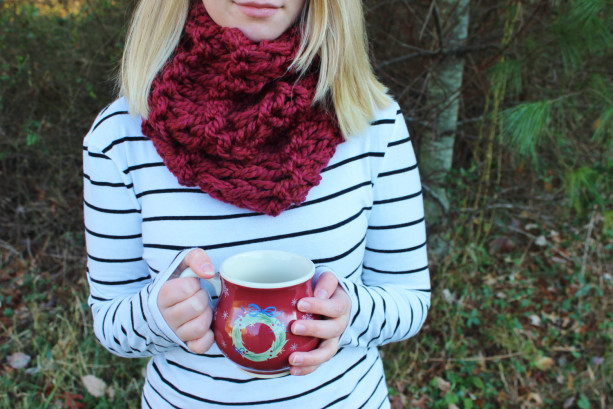 Cranberry Red Knitted Circle Scarf with Double Knit Loop Pattern, Chunky Cozy Fashion Neck Warmer