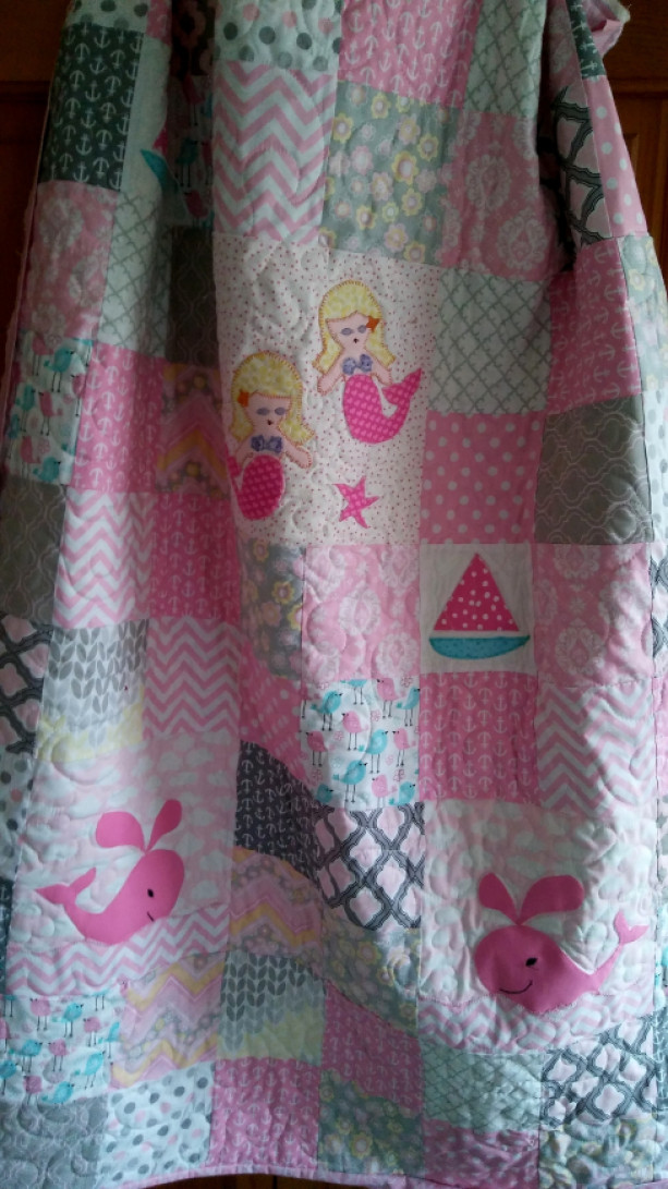 Nautical baby girl mermaid quilt in grey and pink