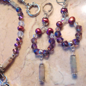 Multi-stone beads Necklace in the center 925 Sterling Silver Overlay CHAROITE/AMETHYST pendant and matching earrings set.#NBES0098