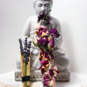 Working with my Shadow Self Sage Wand, Smudge Wand, Meditation, Positive Vibes, Cleansing, Healing, Roses, Purple Flowers
