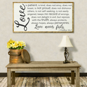 Love is Patient Love is Kind Sign, Love Never Fails Framed Sign, 1 Corinthians 13:4, Scripture Home Decor, Bible Verse Wall Art, Wood Sign