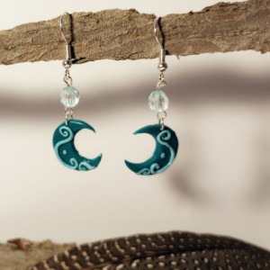 Polymer Clay Teal Crescent Moon dangle earrings