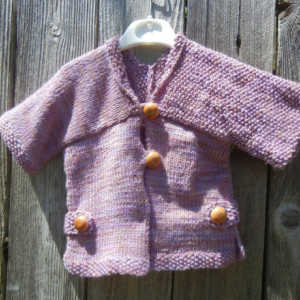 Merino Wool Knit Sweater, Hand Knit Cardigan, Modern Pattern Cardigan for Baby Girl 9-12 mo, Pink Mauve Knitted Sweater