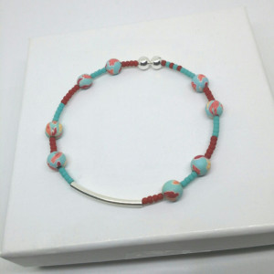 Red, Turquoise Seed Bead Silver Noodle Cuff Bracelet