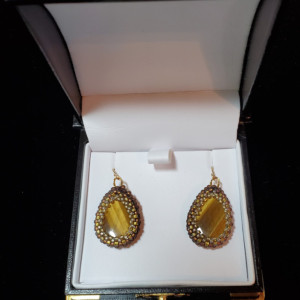 Earrings - Tiger Eye Gemstones in Glass Bead Bezels on GF Hooks, ID - 359