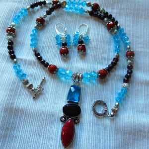 Garnet/Red Jasper/ blue crystals Necklace with Sterling Silver Overlay Topaz, Garnet, Red Jasper pendant and matching earrings set.#NBES0105