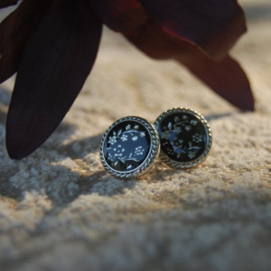 Round Floral Button Stud Earrings - Black With Silver Tones