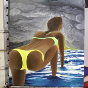 The last ride - acrylic painting of girl in bikini in ocean surfing at sunset with clouds