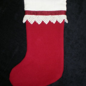 Red Christmas Stocking with Vintage  Linen & Lace