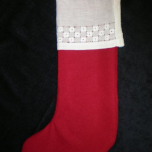 Red Christmas Stocking with Vintage  Linen Cuff