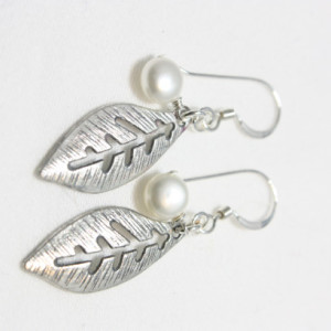 Antiqued Silver Leaf Pearl Earrings, Cultured Freshwater Pearls