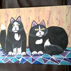ORIGINAL CAT PAINTING - Tuxedo Cats - acrylic cat painting - 8 x10 inch cat art -primitive style cat artcat lover easter, free shipping