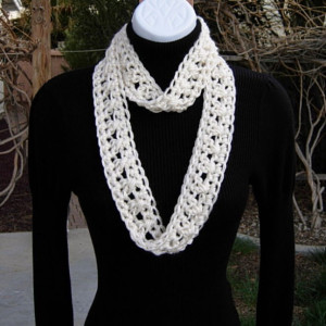Small SUMMER SCARF Infinity Loop, Solid Light Cream Champagne Off White, Extra Soft 100% Acrylic Crochet Knit Narrow Skinny, Cowl..Ready to Ship in 2 Days