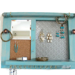 Space Saver All-in-One Jewelry Organizer - Wooden Wall Hanging Jewelry Shelf with Mirror