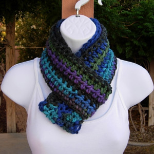 Small Winter INFINITY SCARF, Extra Soft Acrylic Loop Cowl, Black Turquoise Blue Green Purple, Short Crochet Knit Circle, Neck Warmer, Ready to Ship in 2 Days