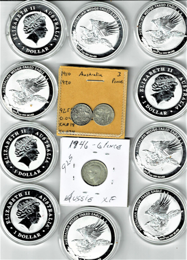 THE AUSSIE COLLECTION/10 WEDGETAIL EAGLE 999 SILVER TRIBUTE COINS & 3 CLASSIC 3-6 PENCE 1910-1946 925 PIECES 