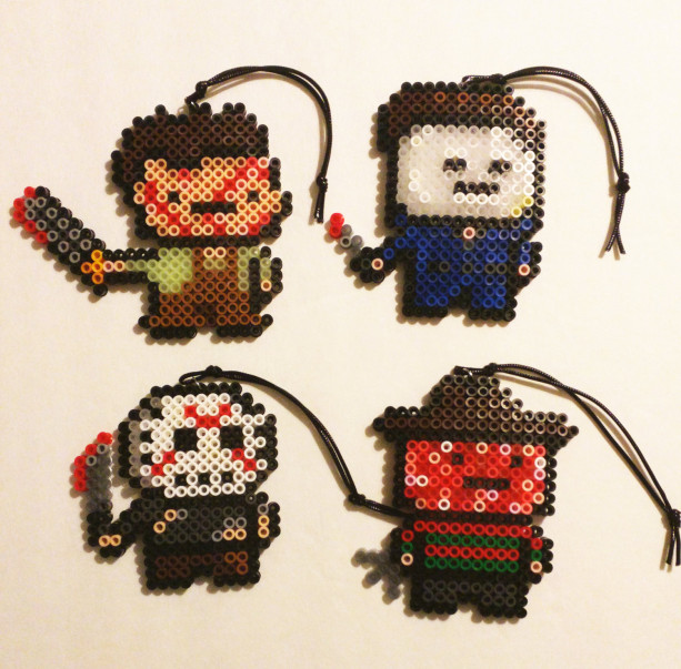 Set of 4-1990s Scary Movie Perler Ornaments/Magnets- Jason- Michael Myers- Leather Face- Freddy Kruger