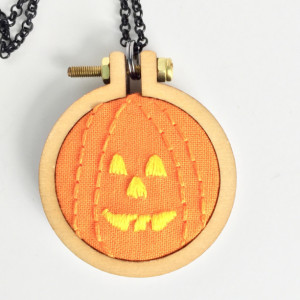 Pumpkin Embroidery Necklace-Pumpkin Necklace-Jack-o-Lantern Necklace-Halloween Necklace-Jack-o-Lantern Embroidery-Halloween Embroidery