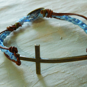 Natural leather & blue silk cord crochet bracelet with bronze tone Cross connector finishing with decorative bronze button #B00215