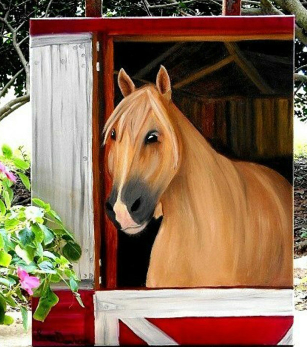 Horse in barn oil painting