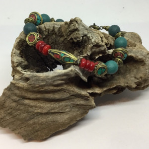 Tibetan mala beads, Tibetan beads bracelet, Coral and turquoise bracelet, gift for anyone