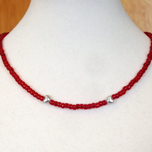 Red Heart Choker, Dainty Seed Bead Necklace, 15 Inch Minimalist Choker, Silver Tone and Red Collar Necklace, Bridesmaid's Gift, Gift for Her