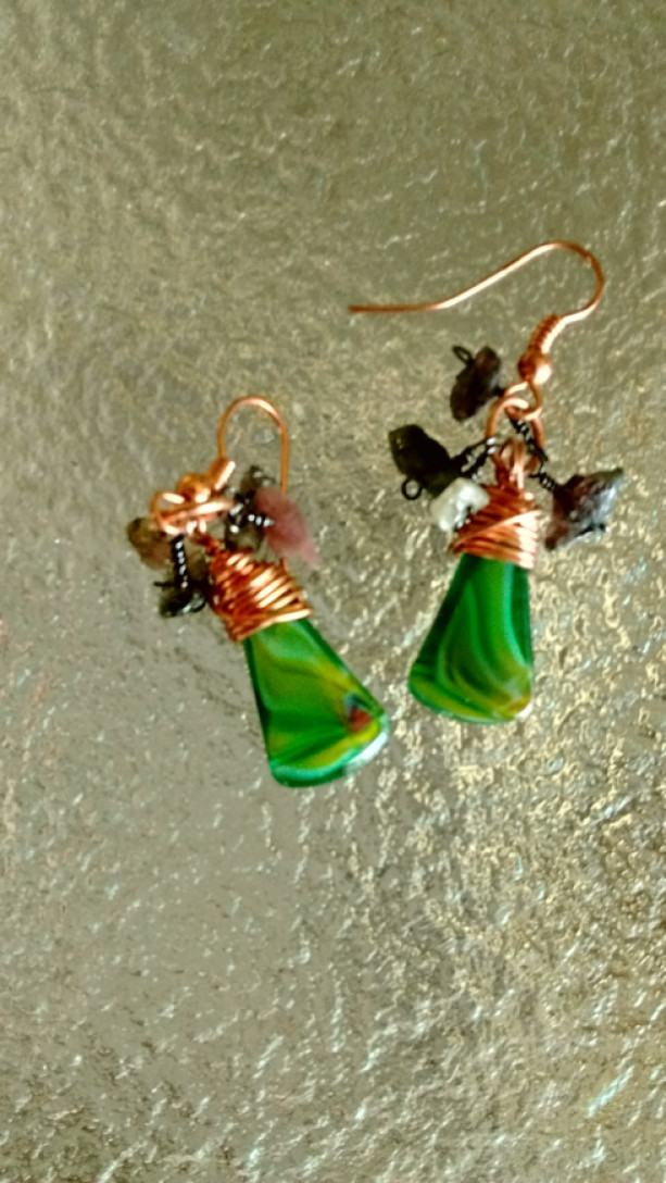 Wire Wrapped Dangle Green Watermelon Quartz cluster earrings 