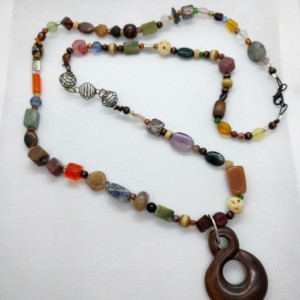 Colorful Varied Beaded Yoga Inspired Necklace with Wood Pendant by Cumulus Luci