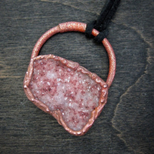 Unisex Large Raw Pink Cobalto Calcite Druzy Rock Statement Necklace - set in Recycled Copper Pendant Necklace -  One of a Kind Amulet