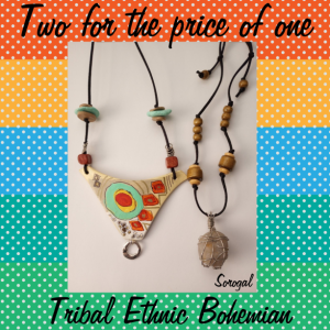 Handmade Tribal Bohemian Clay Pend./Necklace Abstract Both Sides