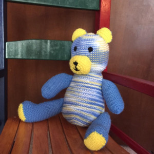 Knitted Teddy Bear Blue and Yellow RTS by Give A Yarn Crafts