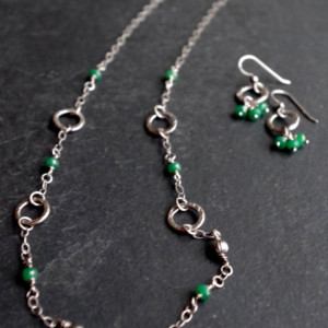 Fine silver and Emerald earrings - Hand forged metalwork dangles - Organic circles, precious stones - May birthstone