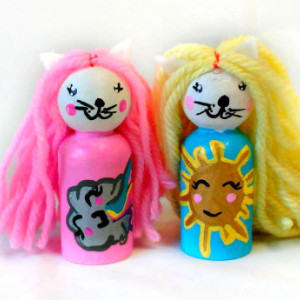 Kitty weather peg dolls / Kitty dolls / Rainbow / Gifts for girls / Sunshine doll / Natural wood toy / Peg people / Wooden doll / Small doll
