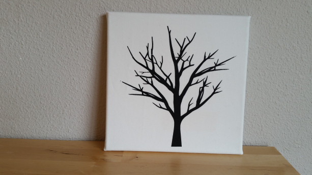Screenprinted black tree on white textured fabric canvas wall art - authentic handmade - Black and White