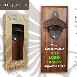 Bottle Opener Magnetic Cap Catcher - Handcrafted Walnut Wood with Antique Bronze Opener - Custom Text/Logo/Design